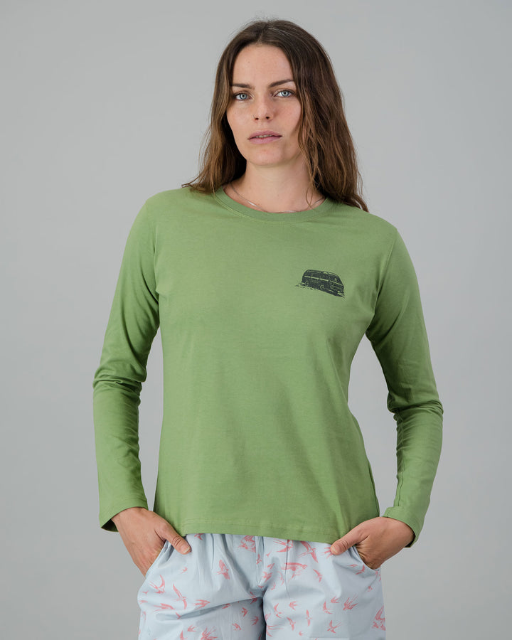 Womens Long-Sleeve T-Shirt - Dark Green Campers on African Sage Front - Woodstock Laundry