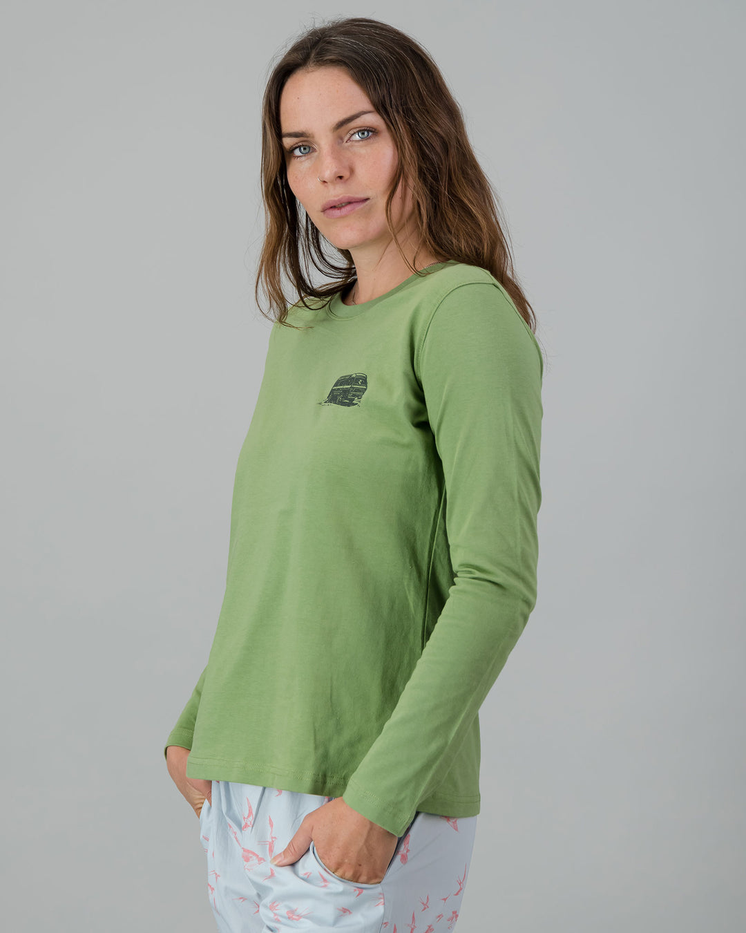 Womens Long-Sleeve T-Shirt - Dark Green Campers on African Sage Side - Woodstock Laundry