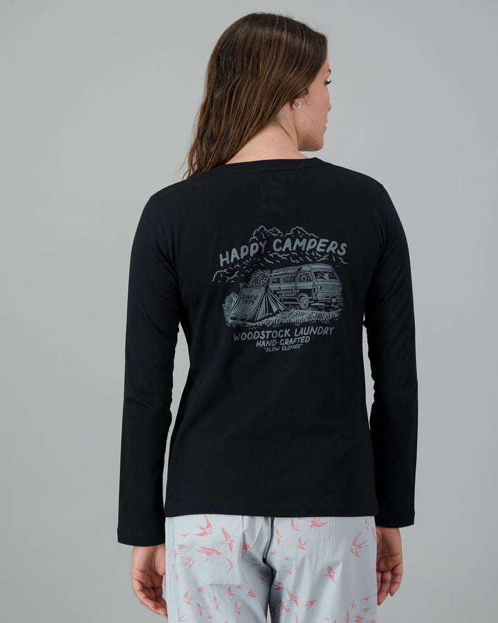 Womens Long-Sleeve T-Shirt - Dark Grey Campers on Black Back - Woodstock Laundry