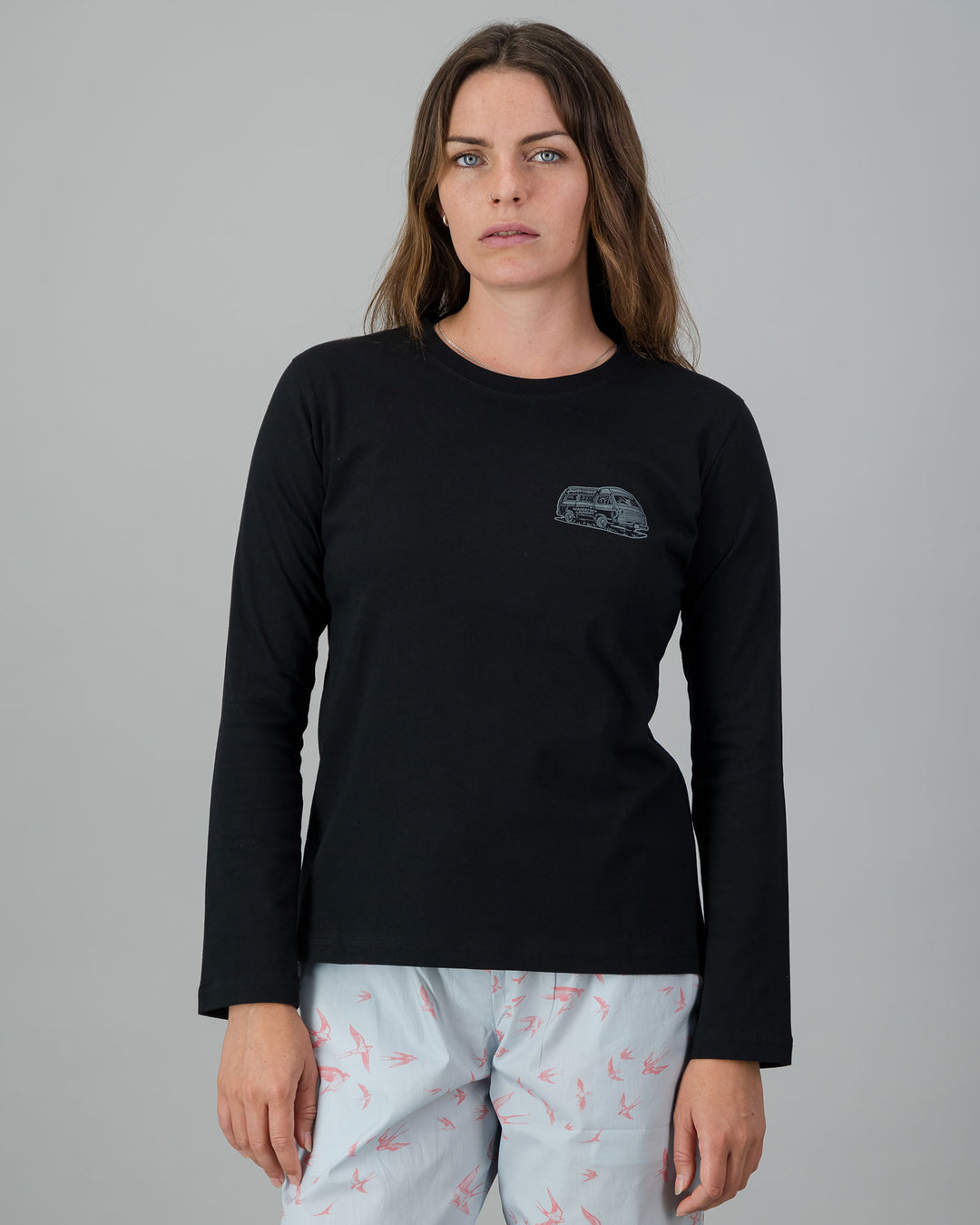 Womens Long-Sleeve T-Shirt - Dark Grey Campers on Black Front - Woodstock Laundry