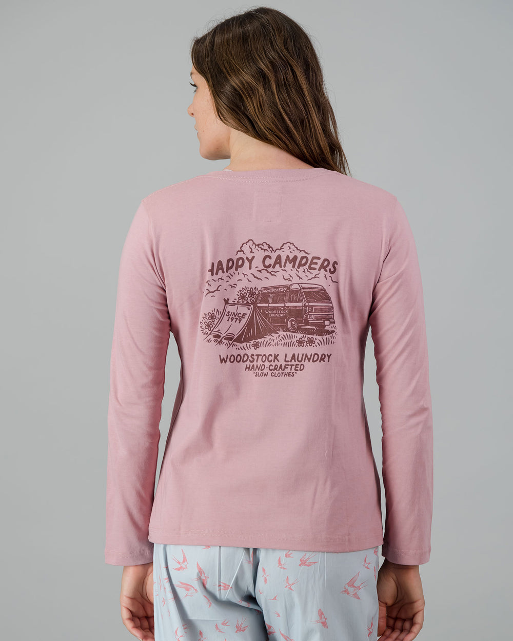 Womens Long-Sleeve T-Shirt - Maroon Campers on Dusty Pink Back - Woodstock Laundry