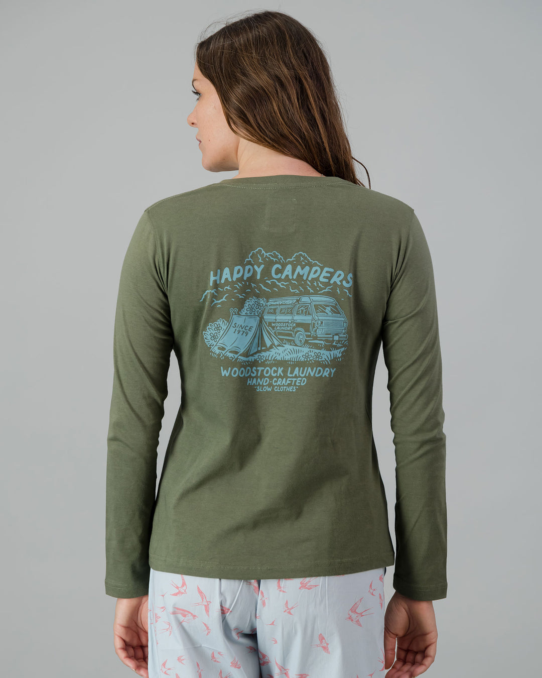 Womens Long-Sleeve T-Shirt - Turquoise Campers on Olive Green Back - Woodstock Laundry