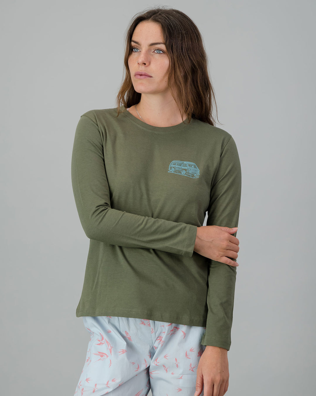 Womens Long-Sleeve T-Shirt - Turquoise Campers on Olive Green Front - Woodstock Laundry