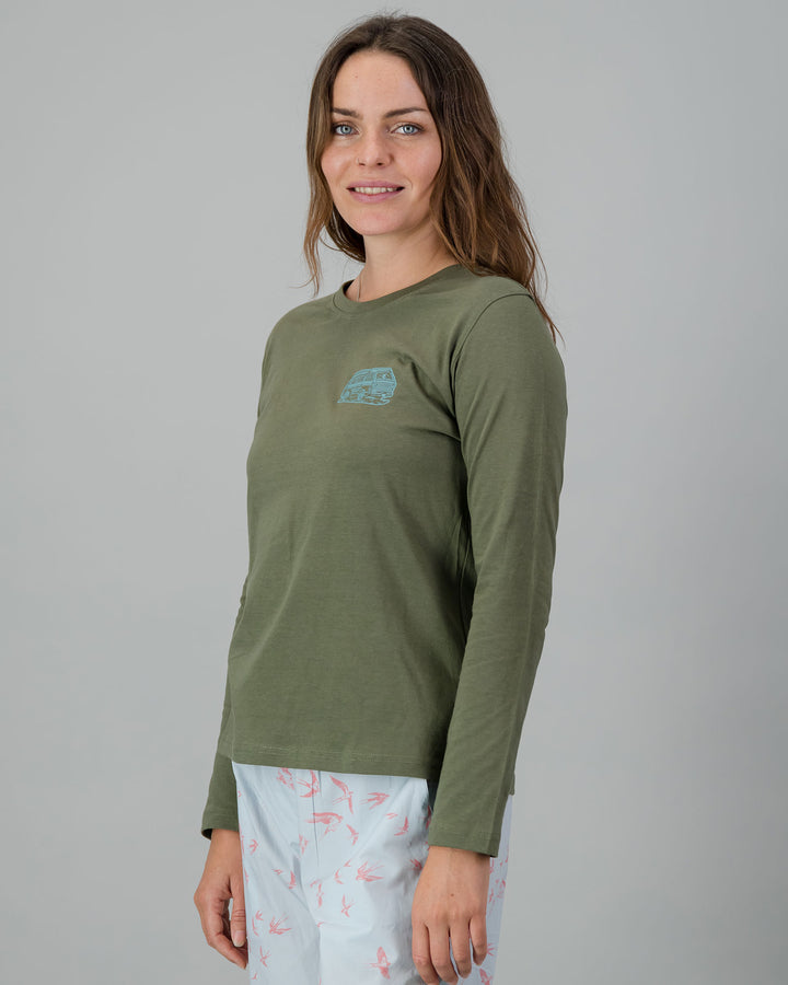 Womens Long-Sleeve T-Shirt - Turquoise Campers on Olive Green Side - Woodstock Laundry