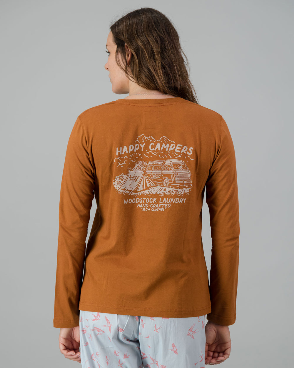 Womens Long-Sleeve T-Shirt - Copper Campers on Amber Back - Woodstock Laundry