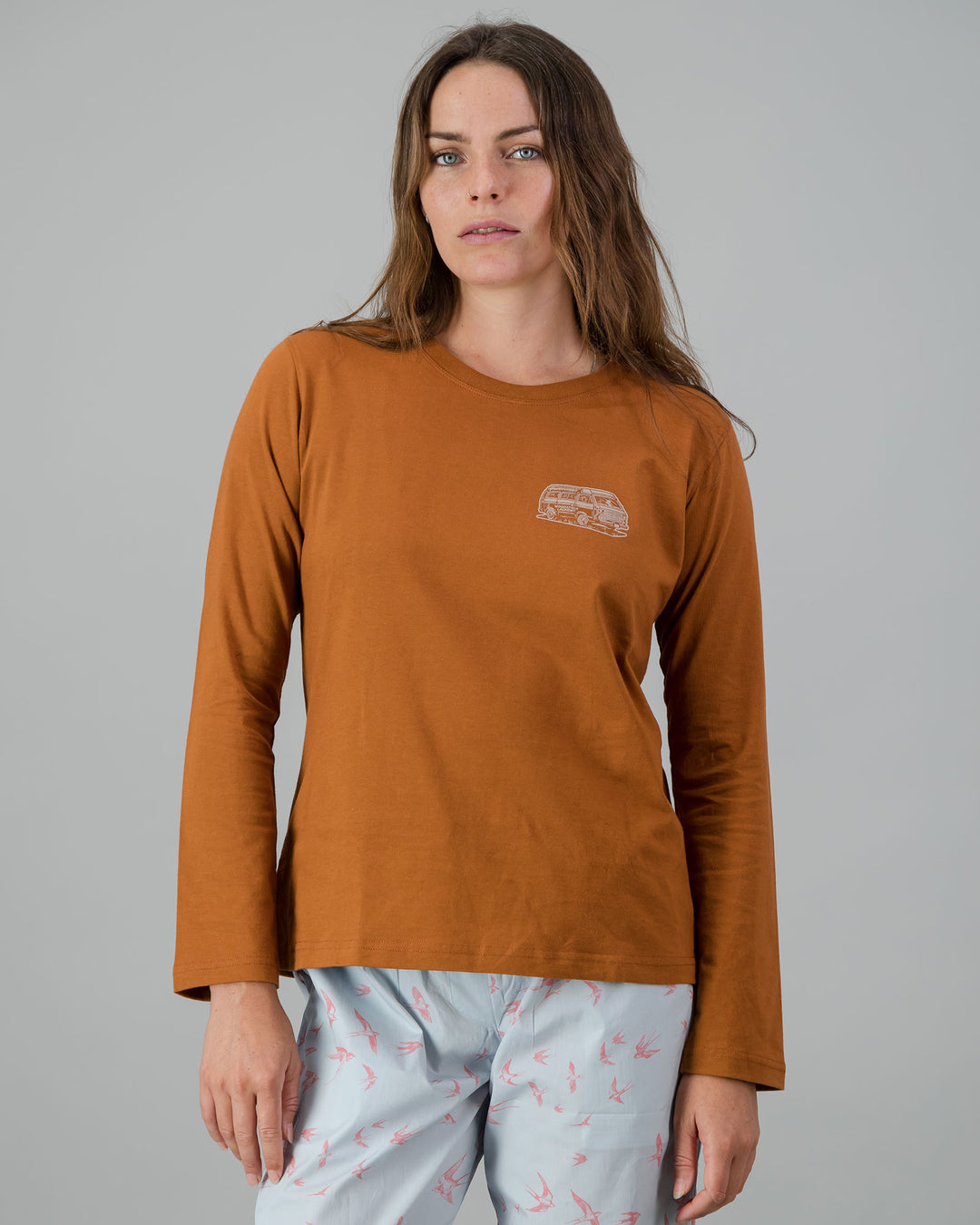 Womens Long-Sleeve T-Shirt - Copper Campers on Amber Front - Woodstock Laundry