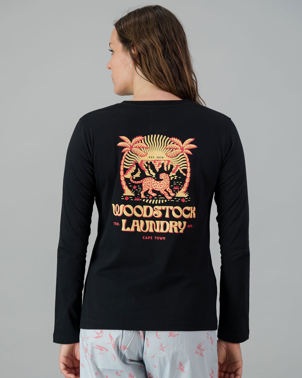 Womens Long-Sleeve T-Shirt - Red Leopard on Black Back - Woodstock Laundry