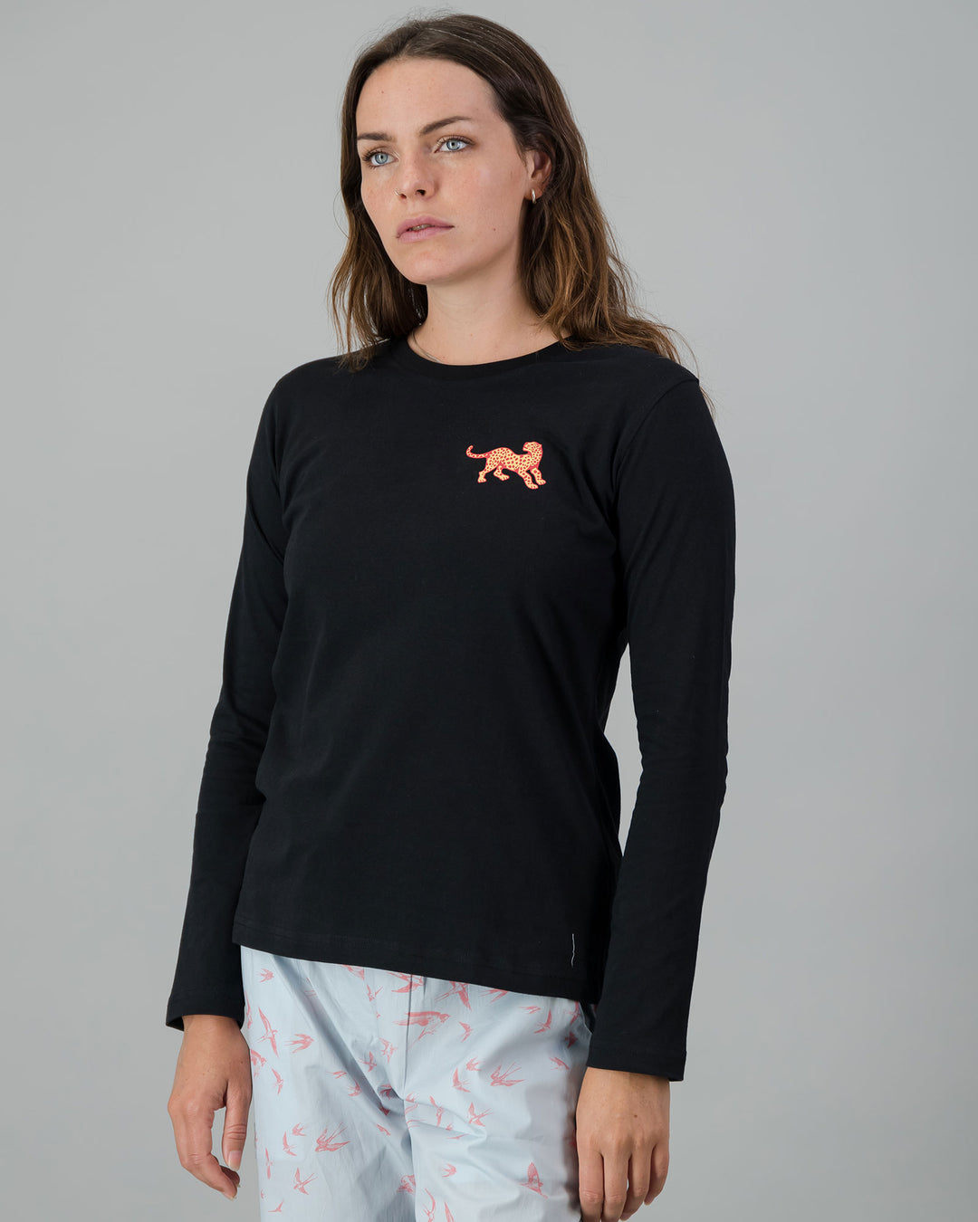 Womens Long-Sleeve T-Shirt - Red Leopard on Black Side - Woodstock Laundry