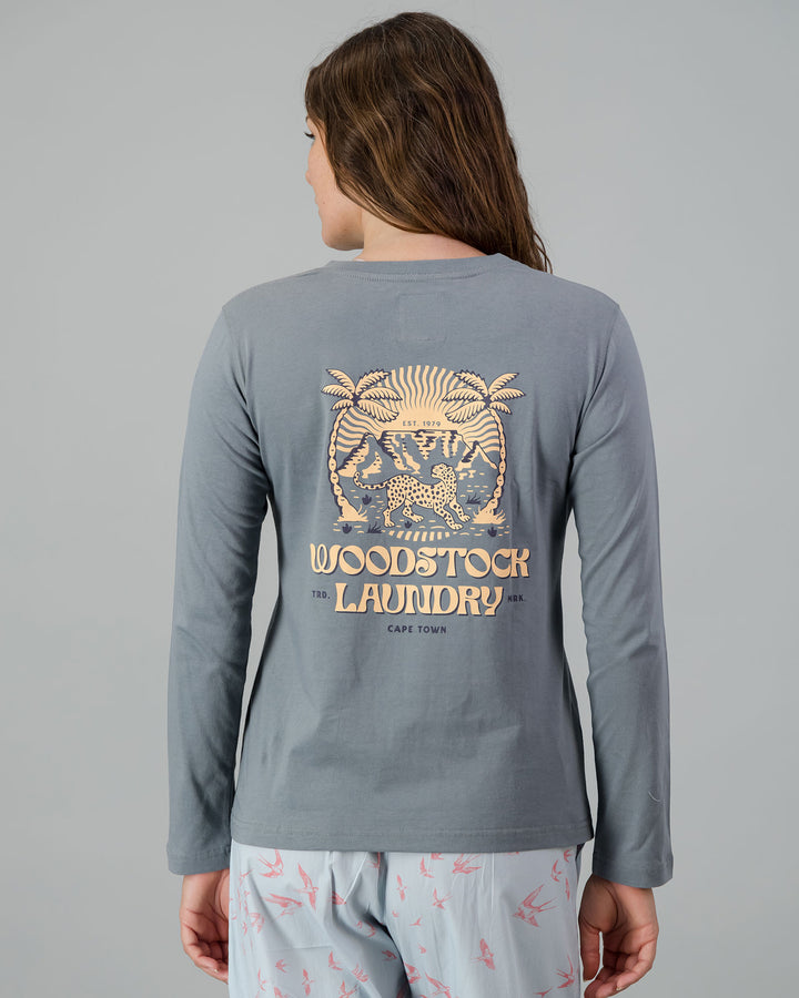 Womens Long-Sleeve T-Shirt - Yellow Leopard on Light Grey Back - Woodstock Laundry