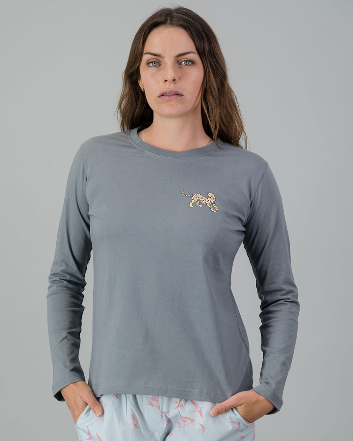 Womens Long-Sleeve T-Shirt - Yellow Leopard on Light Grey Front - Woodstock Laundry