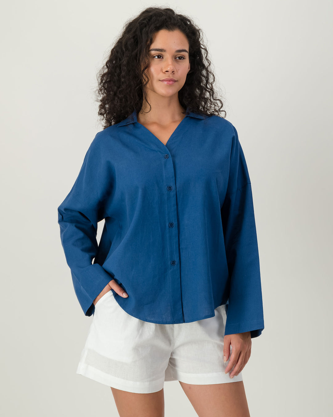 Womens Linen Flow Shirt - Denim Front - Woodstock Laundry