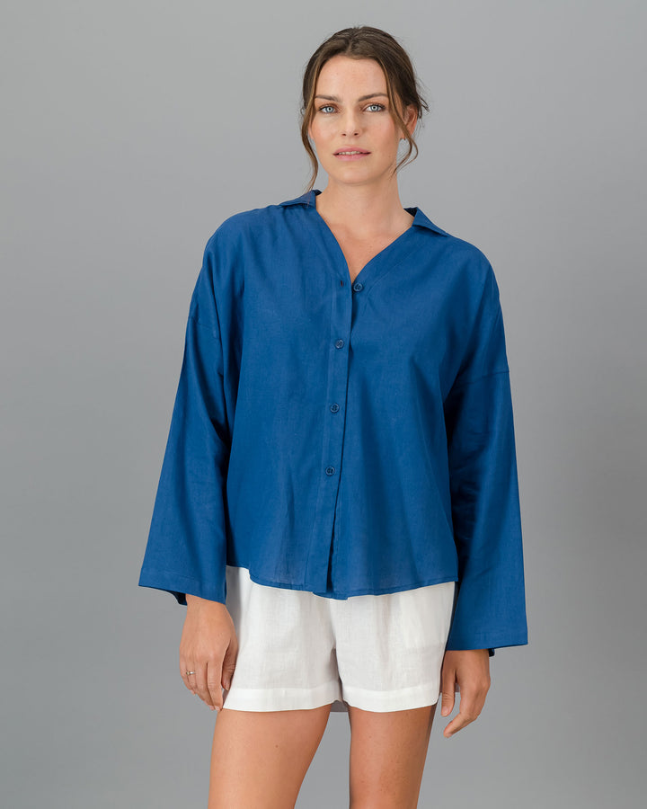 Womens Linen Flow Shirt - Denim Front - Woodstock Laundry