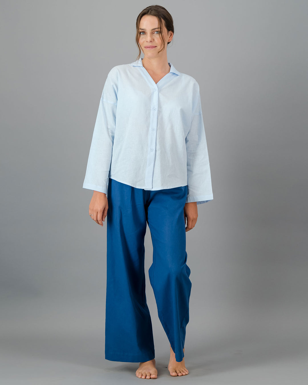 Womens Linen Flow Shirt - Sky Blue Full - Woodstock Laundry