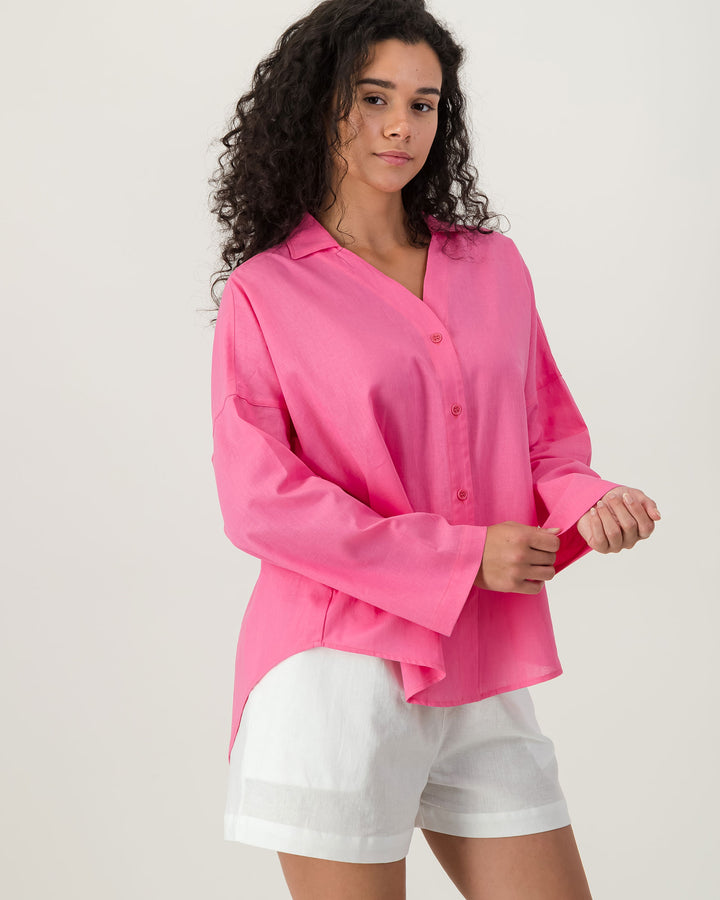 Womens Linen Flow Shirt - Pink Front - Woodstock Laundry