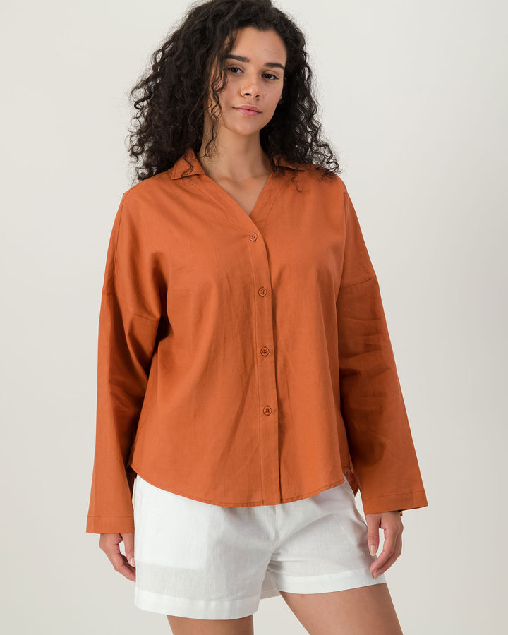 Womens Linen Flow Shirt Rust Front - Woodstock Laundry