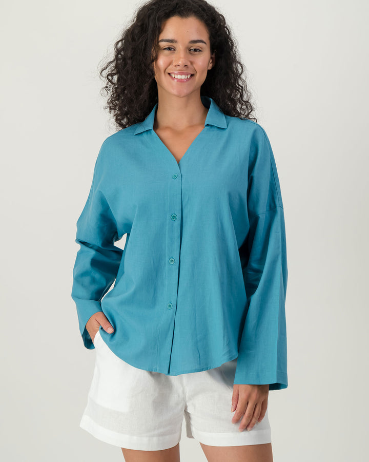 Womens Linen Flow Shirt - Teal Front - Woodstock Laundry