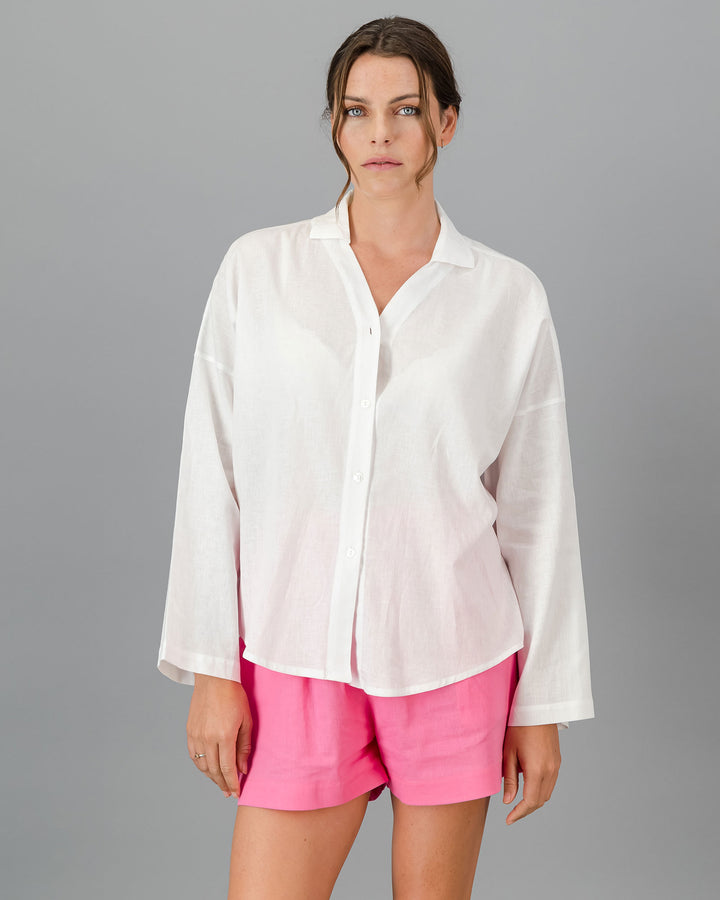 Womens Linen Flow Shirt - White Front - Woodstock Laundry