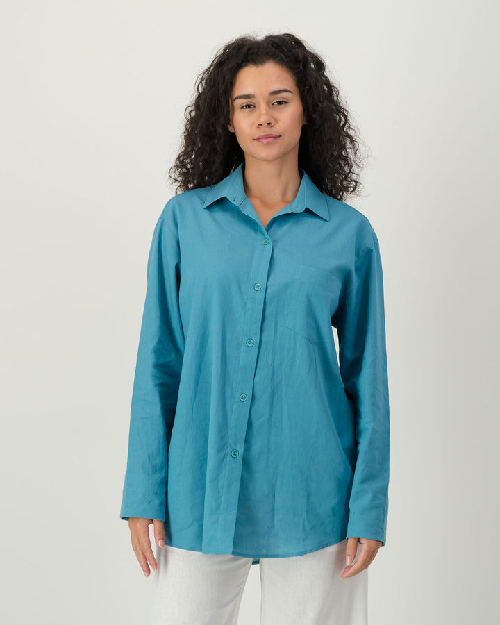 Womens Linen Over Shirt - Teal Front - Woodstock Laundry