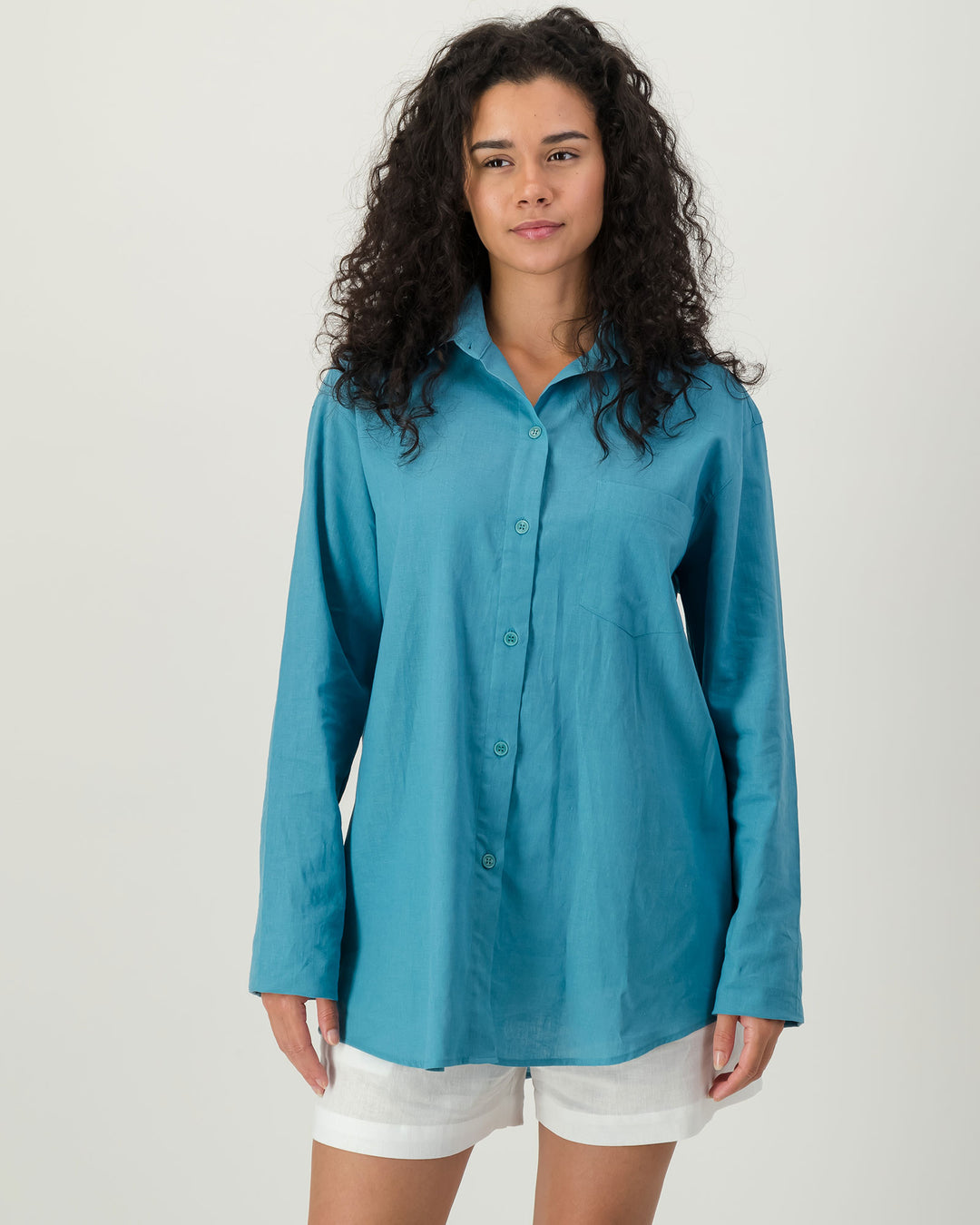 Womens Linen Over Shirt - Teal Front - Woodstock Laundry