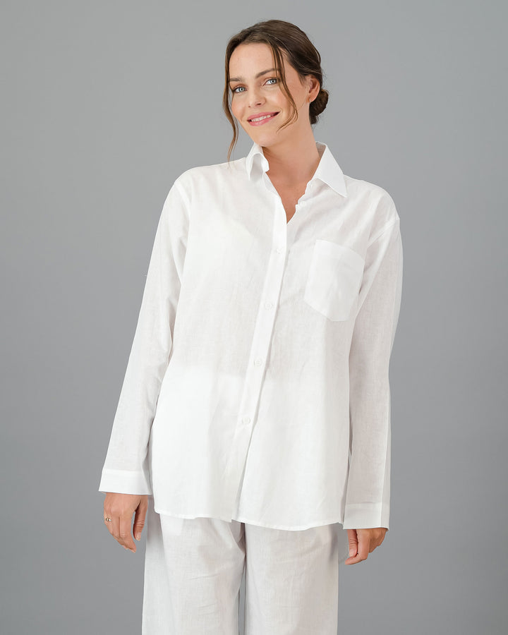 Womens Linen Over Shirt - White Front - Woodstock Laundry