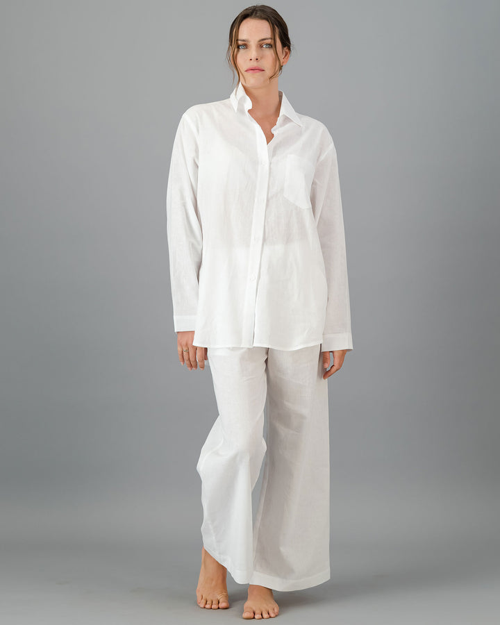 Womens Linen Over Shirt - White Full Front - Woodstock Laundry