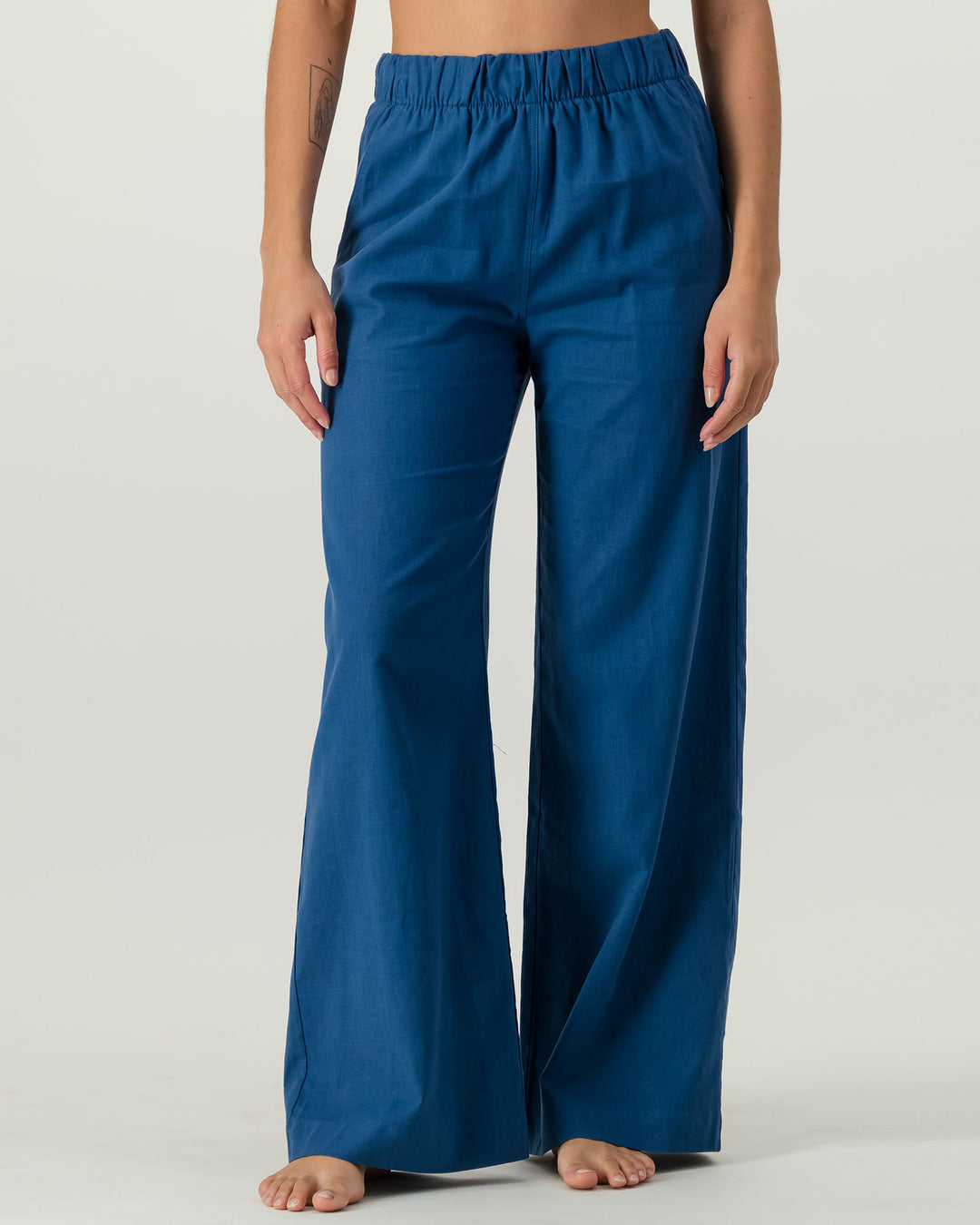 Womens Linen Pants Denim Blue Front - Woodstock Laundry