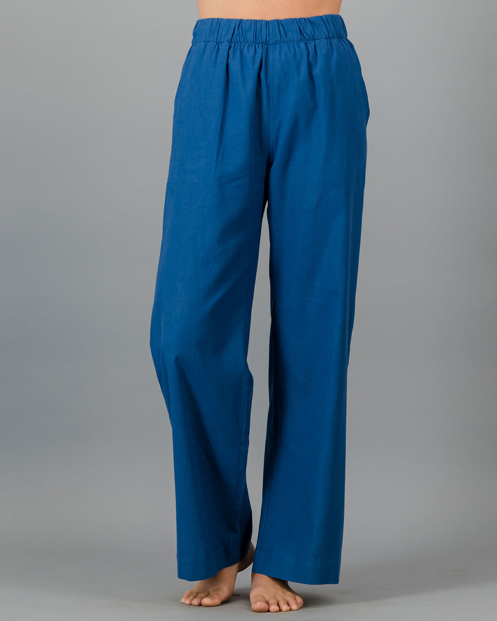 Womens Linen Pants Denim Blue Front - Woodstock Laundry