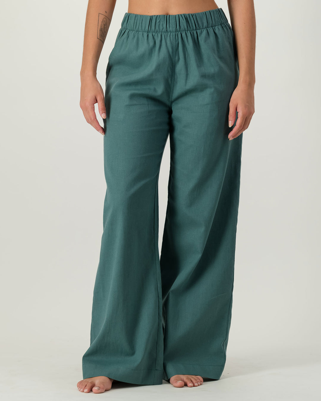 Womens Linen Pants Forest Green Front - Woodstock Laundry