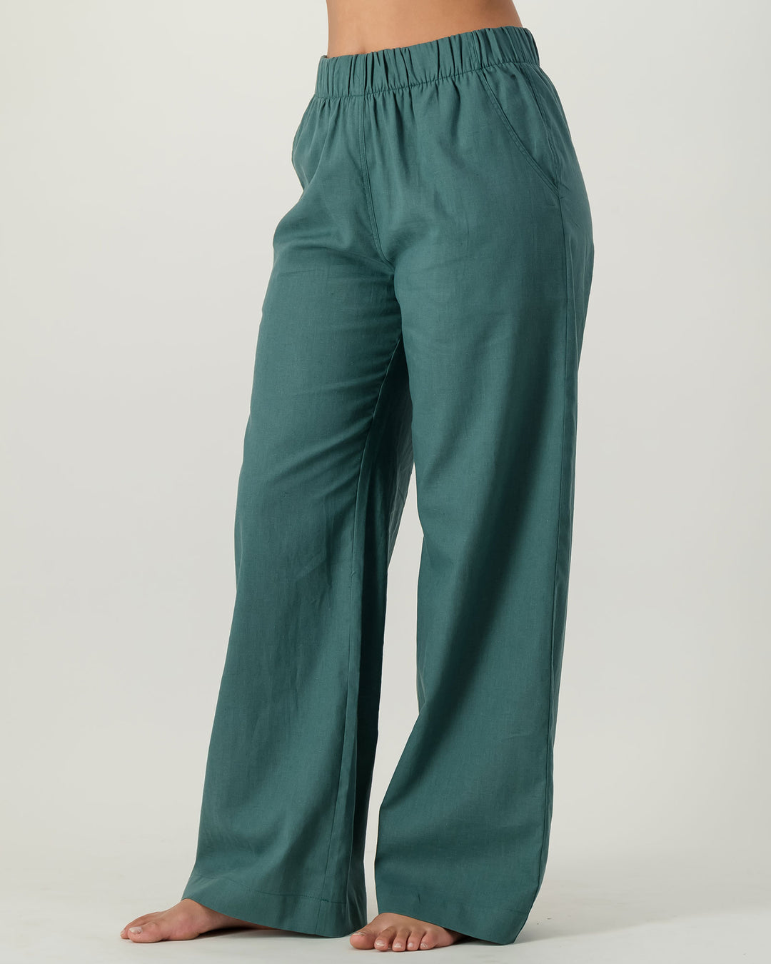 Womens Linen Pants Forest Green Side - Woodstock Laundry