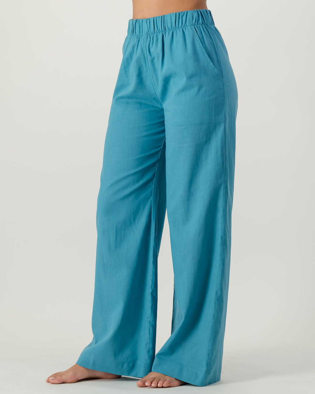 Womens Linen Pants Teal Side - Woodstock Laundry