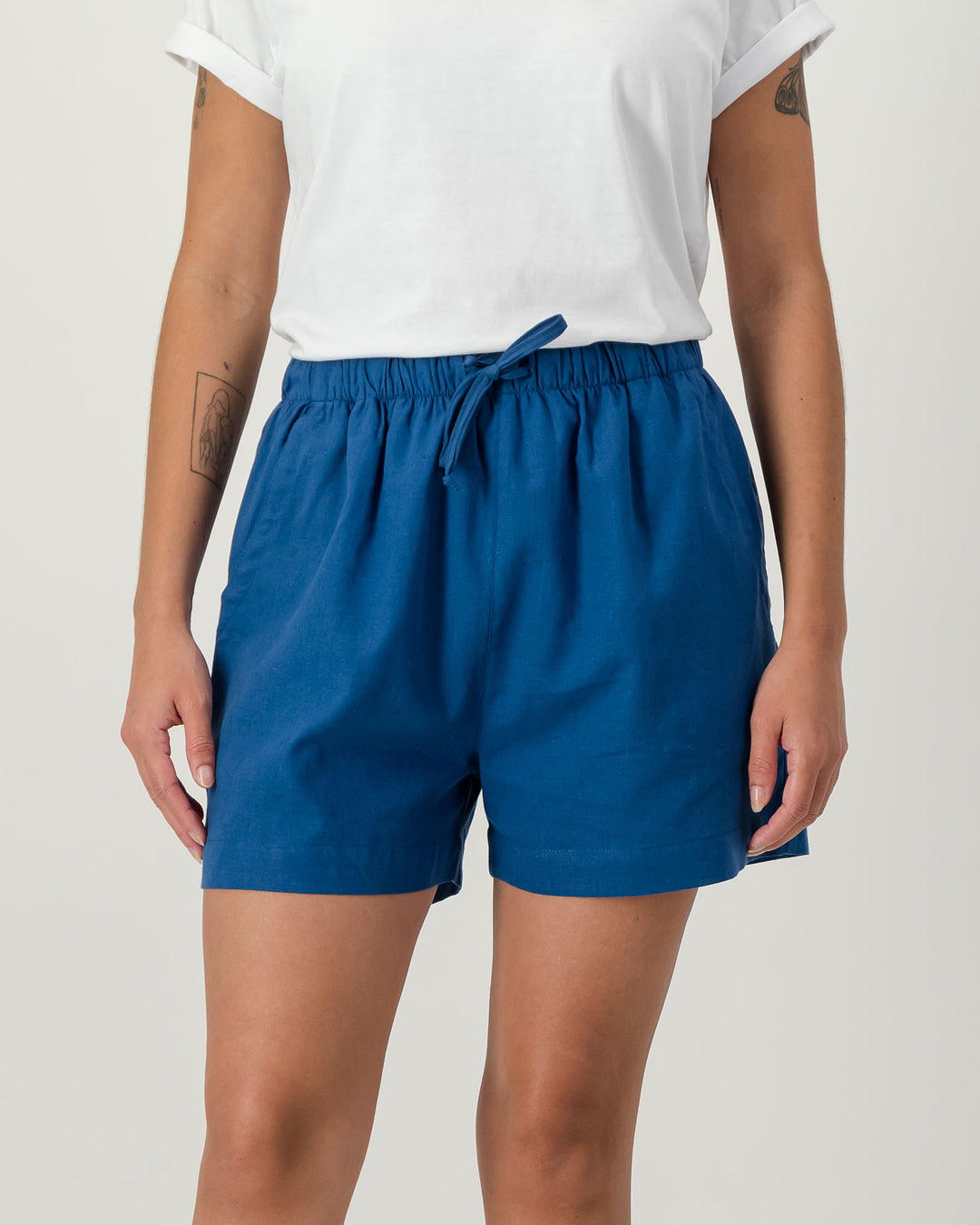 Womens Linen Shorts Denim Blue Front - Woodstock Laundry