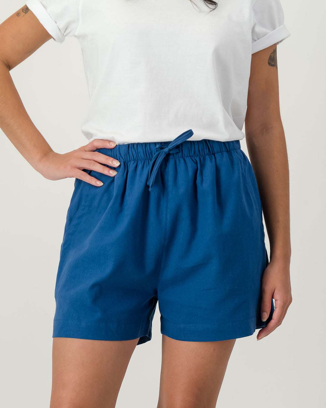 Womens Linen Shorts Denim Blue Front - Woodstock Laundry