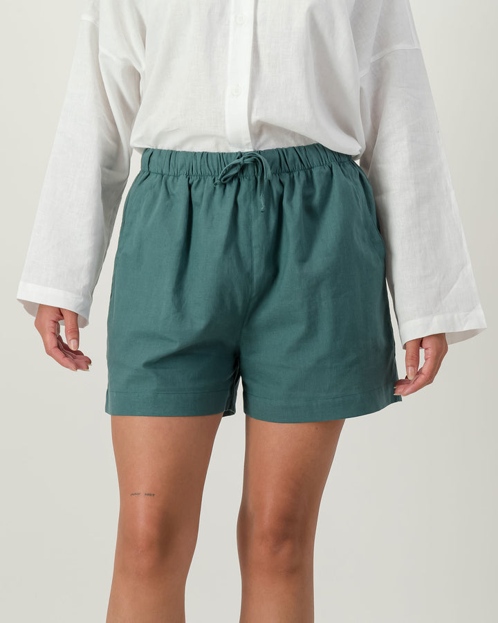 Womens Linen Shorts - Forest Green Front - Woodstock Laundry