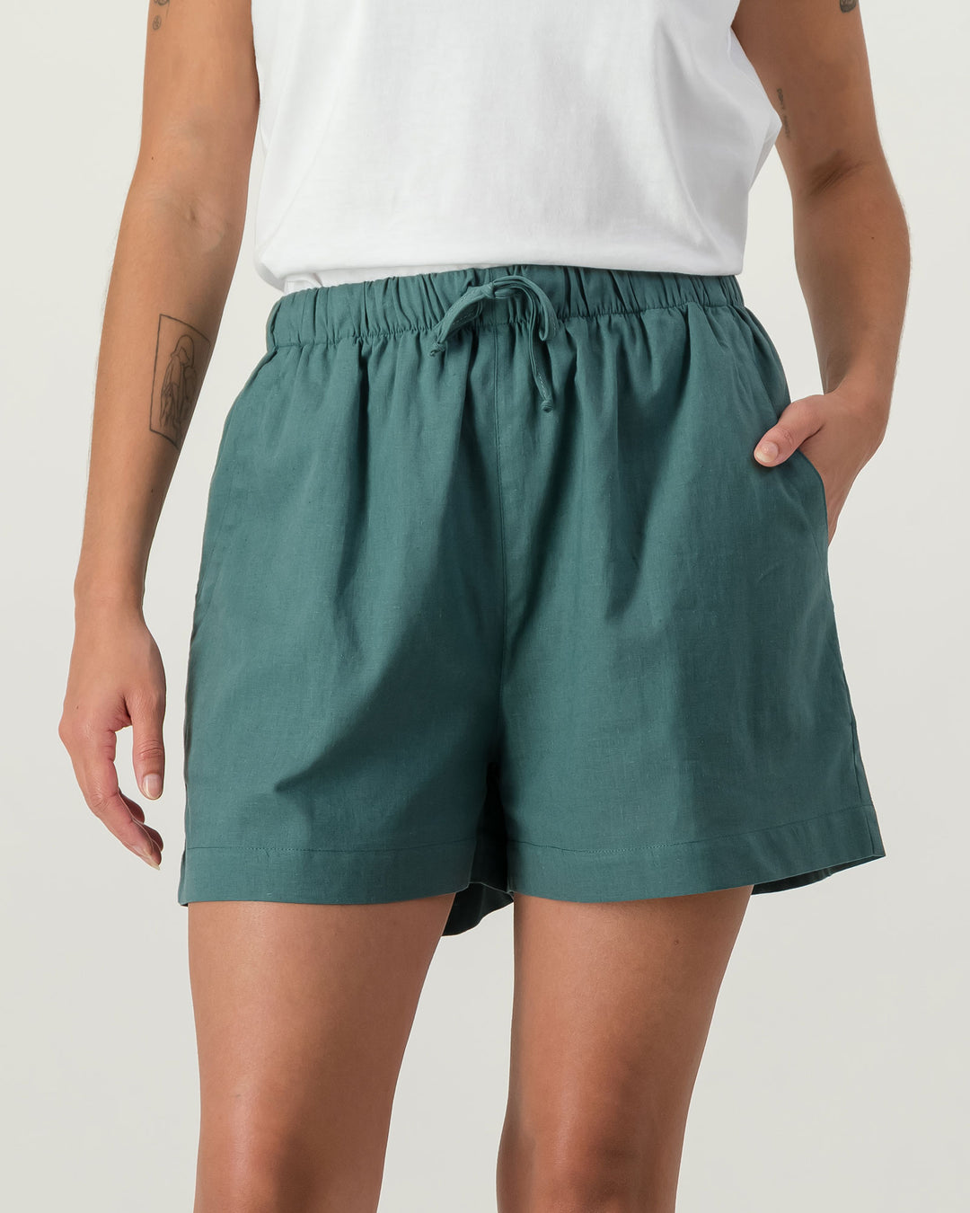 Womens Linen Shorts Forest Green Front - Woodstock Laundry