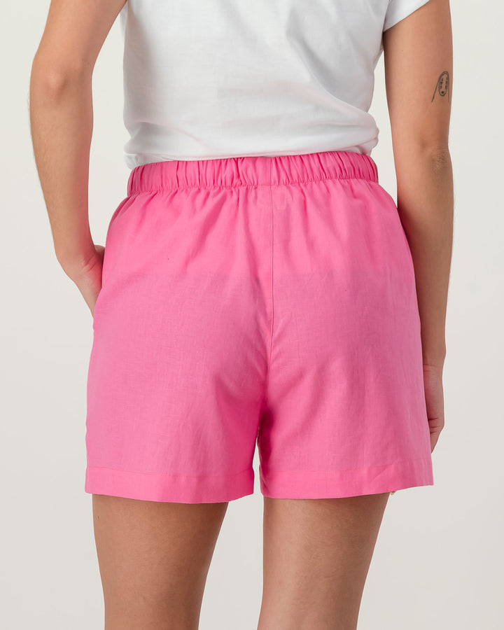 Womens Linen Shorts Pink Back - Woodstock Laundry