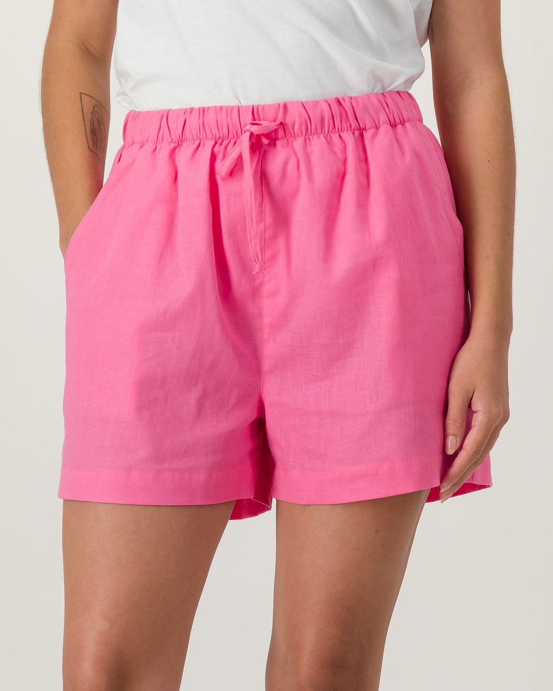 Womens Linen Shorts - Pink Front - Woodstock Laundry