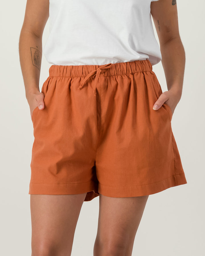 Womens Linen Shorts - Rust Front - Woodstock Laundry