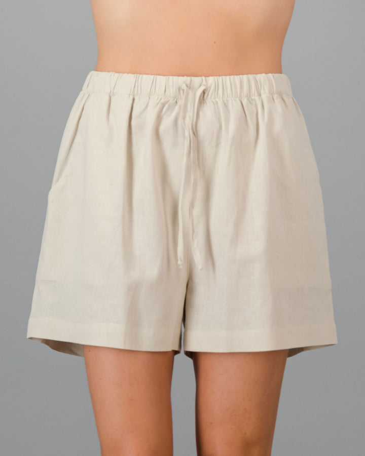 Womens Linen Shorts Natural Sand Front - Woodstock Laundry