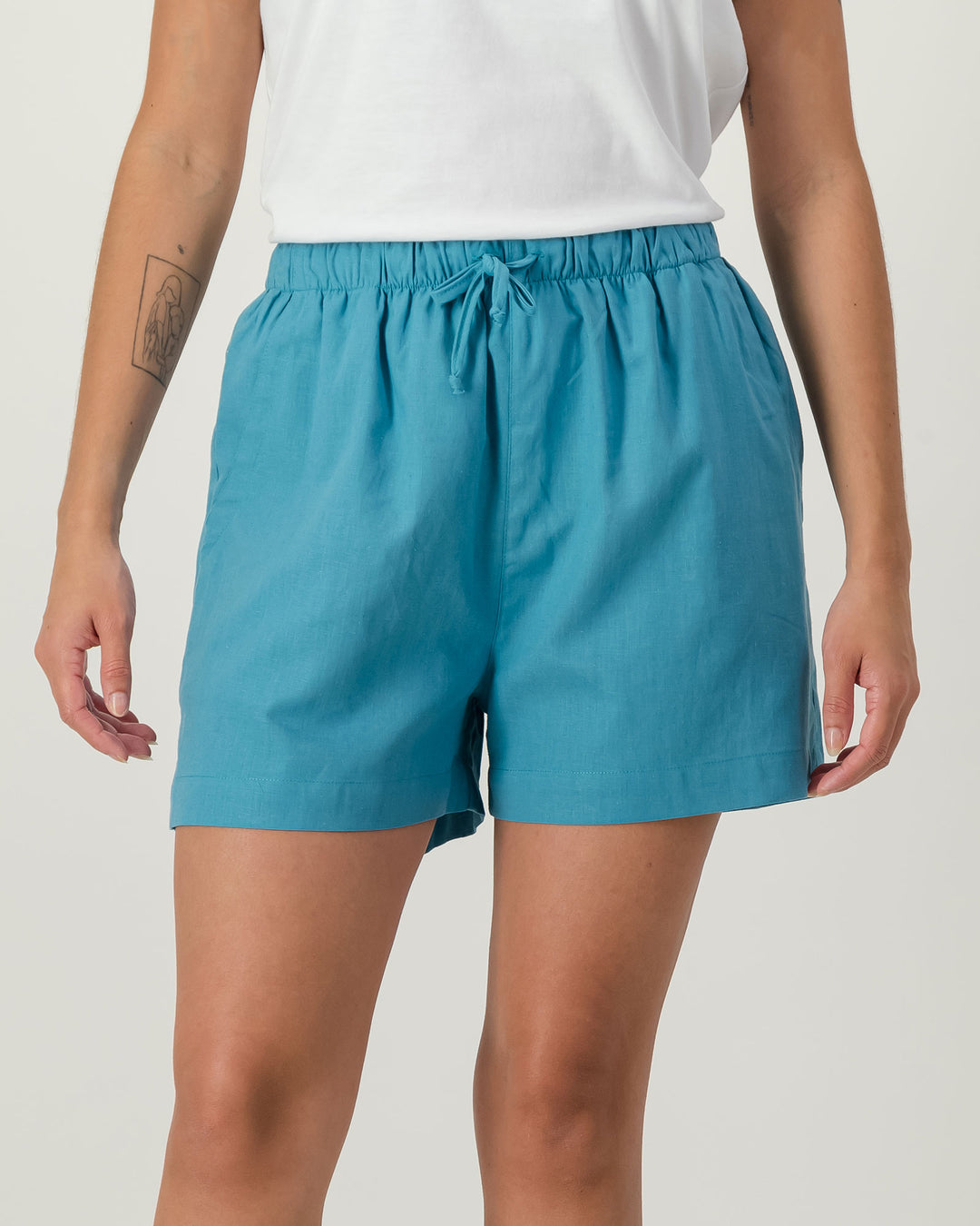 Womens Linen Shorts Teal Front - Woodstock Laundry