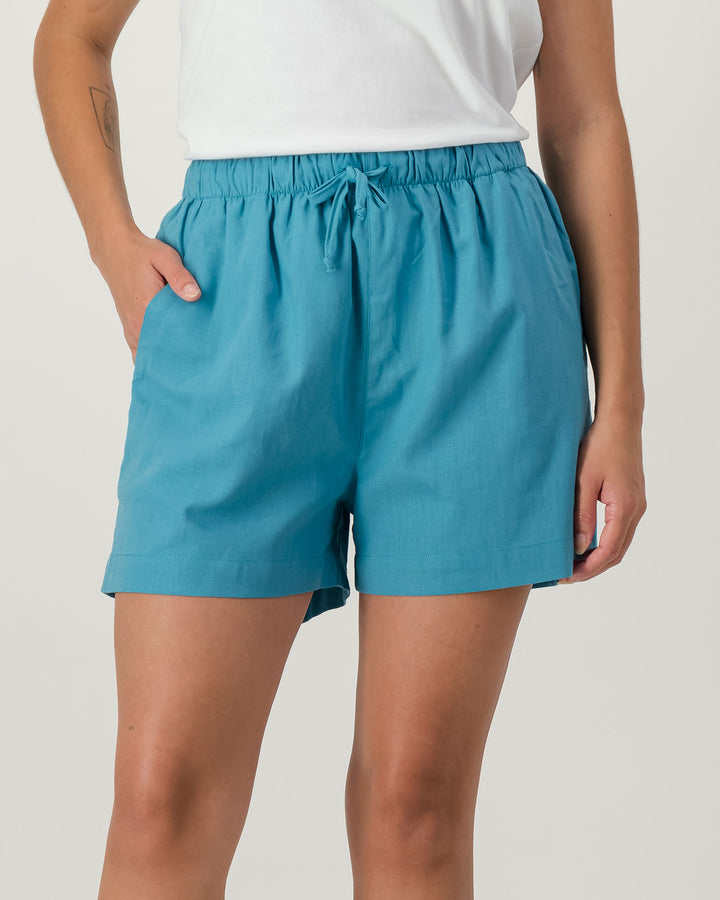 Womens Linen Shorts Teal Front - Woodstock Laundry