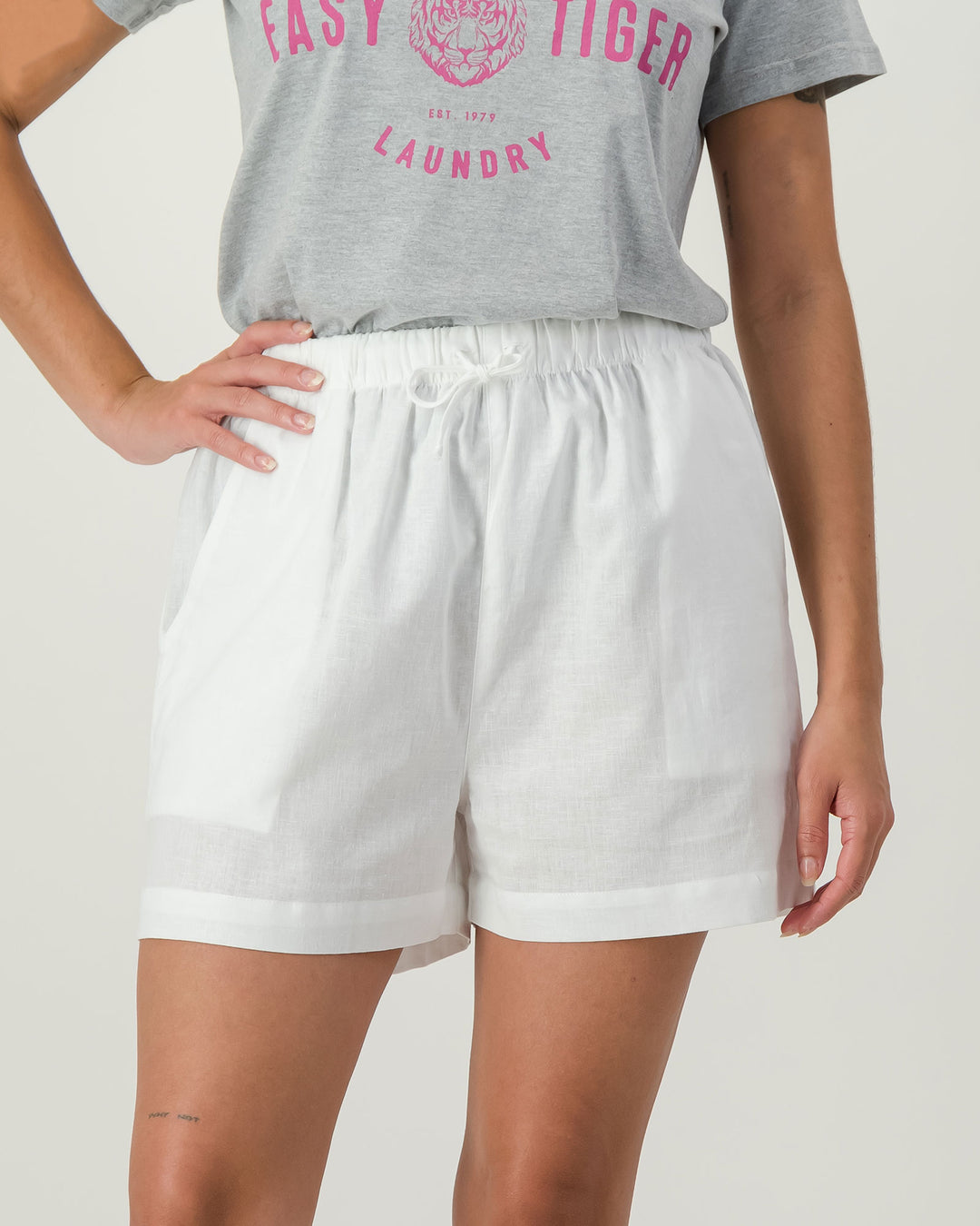 Womens Linen Shorts - White Front - Woodstock Laundry