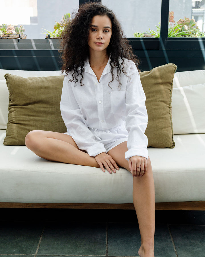 Womens White Linen Shorts Lifestyle - Woodstock Laundry