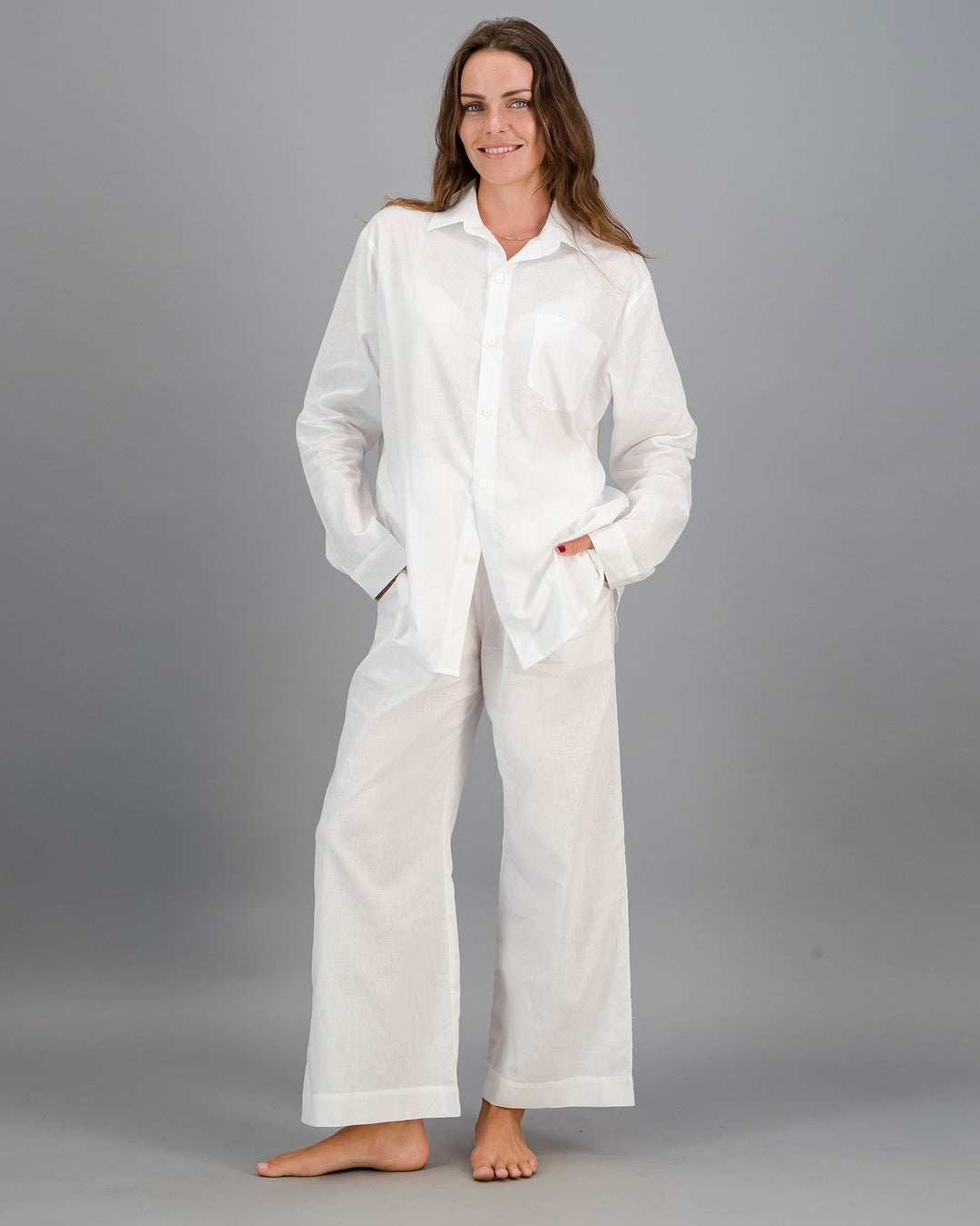 Womens Linen Over Shirt - White Full Front - Woodstock Laundry