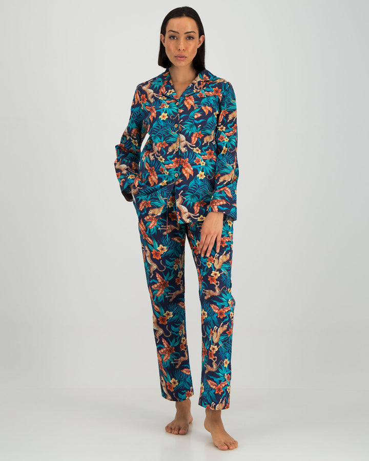 Womens Long Pyjamas - Jungle Cheetah on Navy Front - Woodstock Laundry