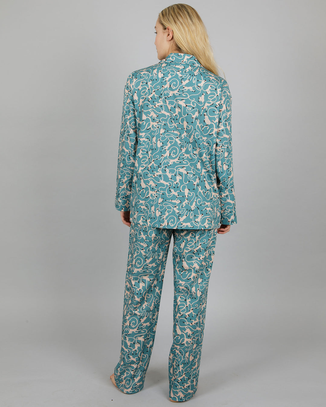 Womens Long Pyjamas Monkeys Teal Back - Woodstock Laundry