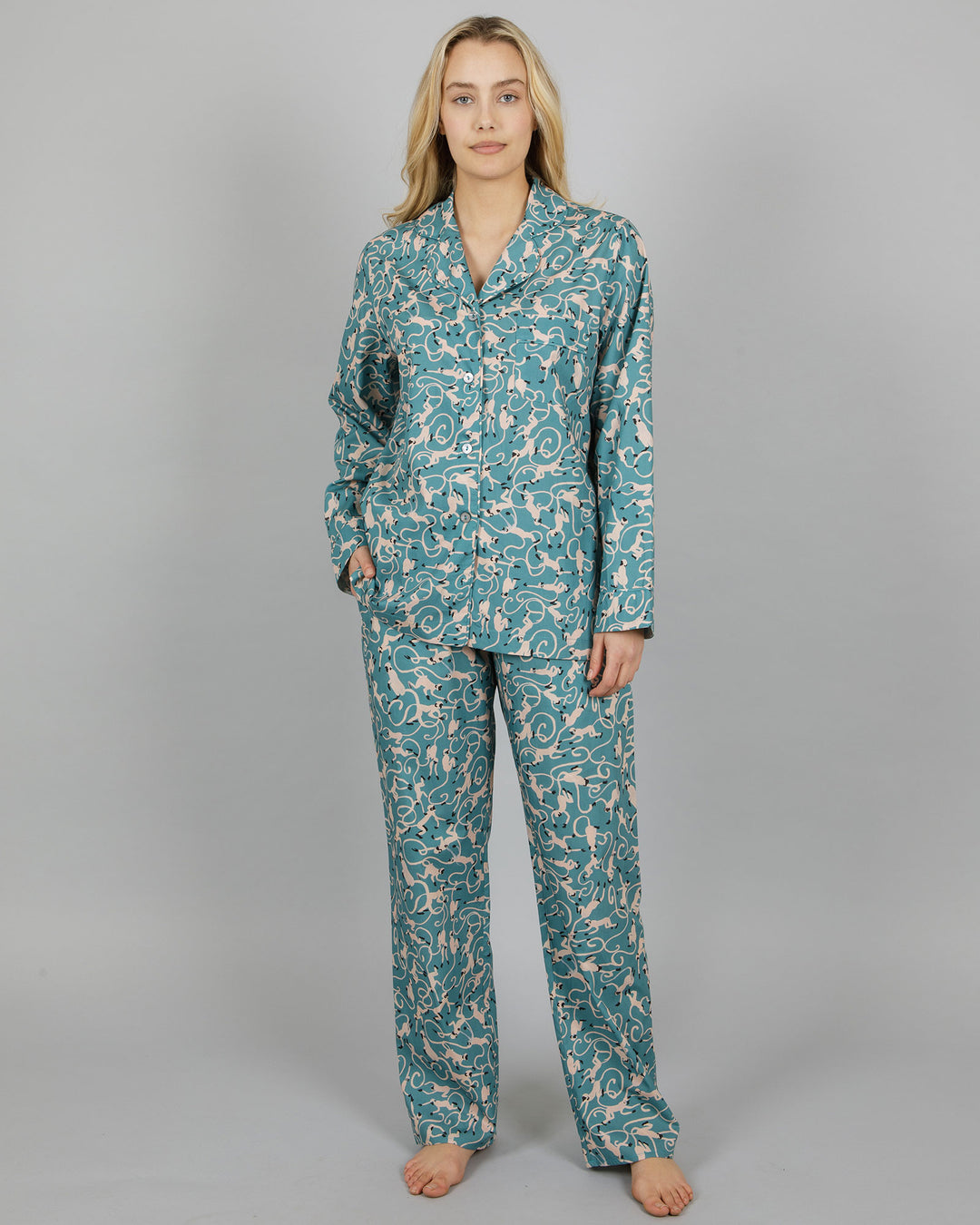 Womens Long Pyjamas Monkeys Teal Front - Woodstock Laundry