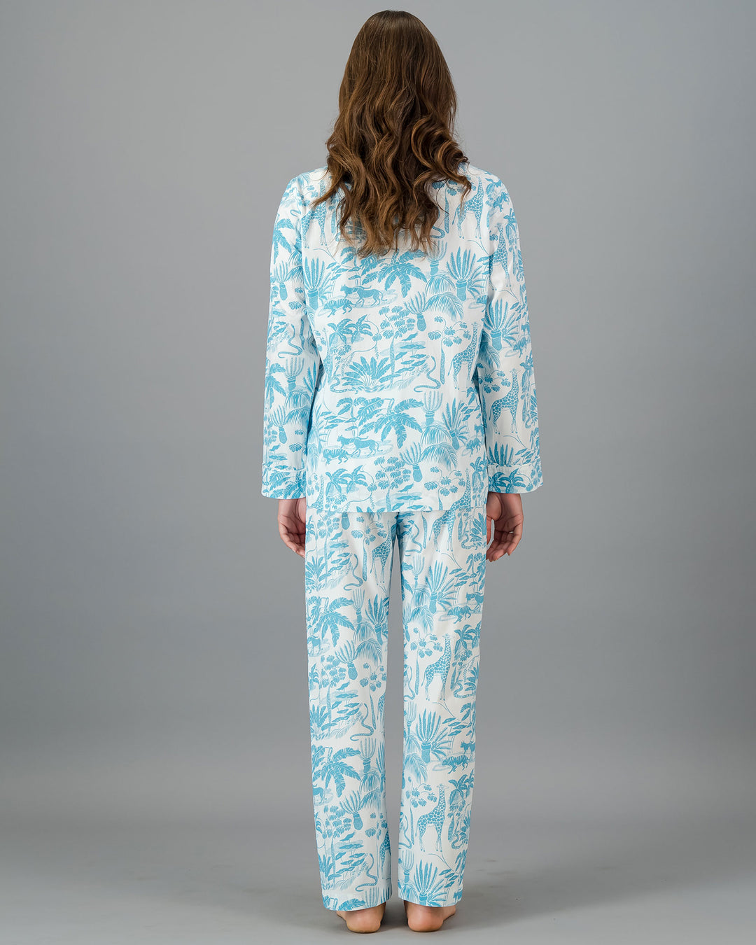 Womens Long Pyjamas - Blue Mono Safari on White Back - Woodstock Laundry