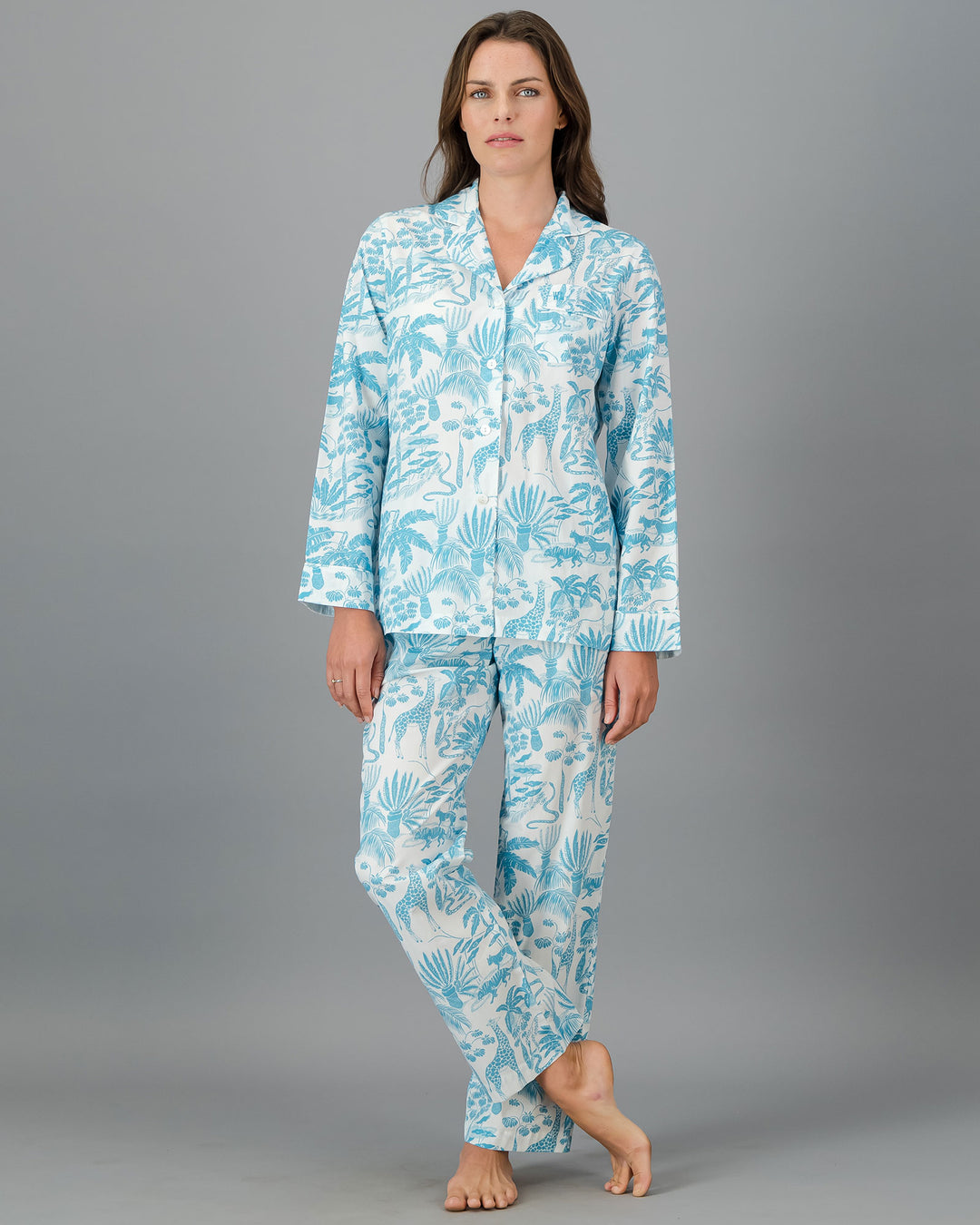 Womens Long Pyjamas - Blue Mono Safari on White Front - Woodstock Laundry