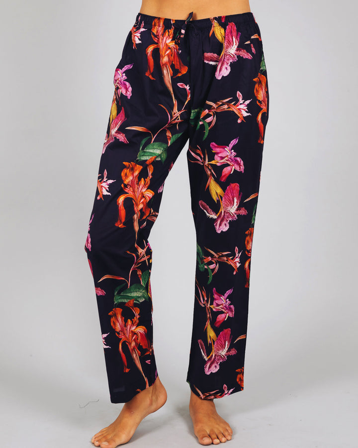 Womens Lounge Pants - Iris on Navy Front - Woodstock Laundry