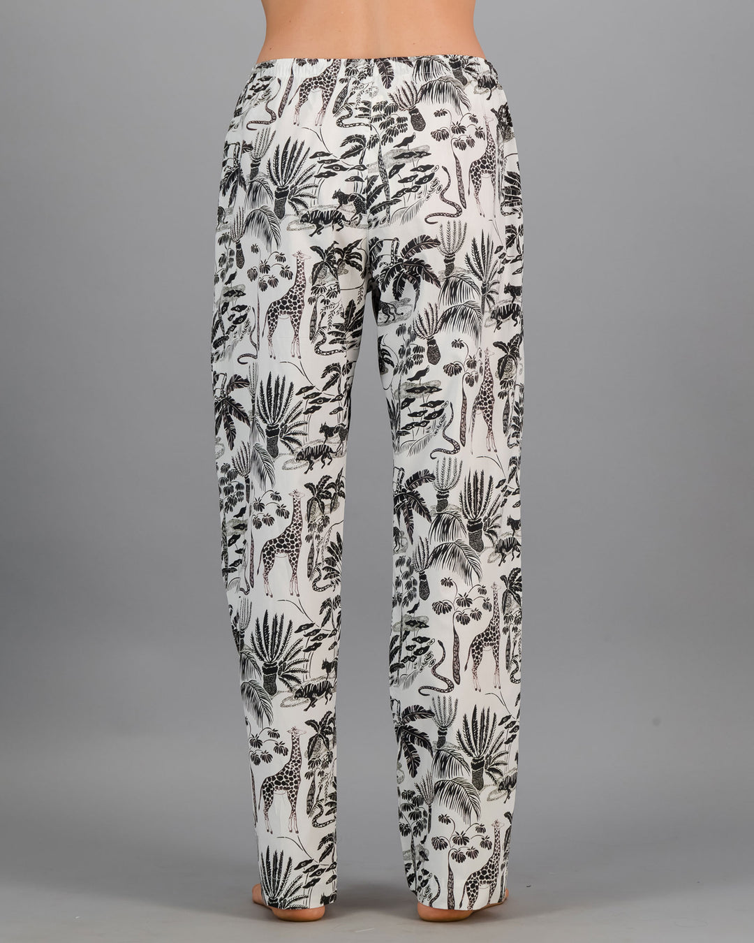 Womens Lounge Pants - Black Mono Safari on White Back - Woodstock Laundry